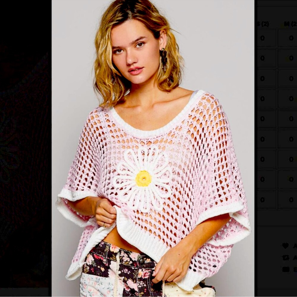 NWT POL Pink Crochet Open Weave Flower Sweater Top S Oversized
